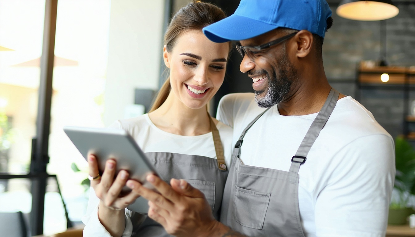 A cleaning business owner happily interacting with